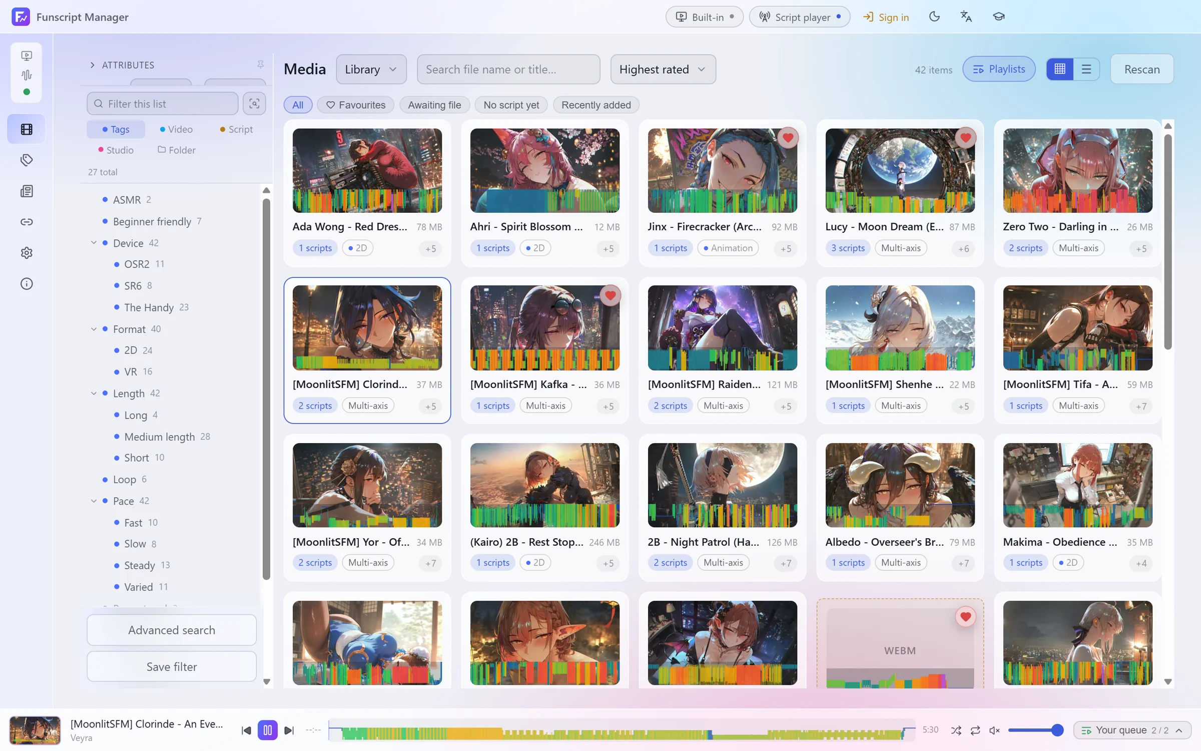 The media page: a grid of videos with script heatmaps and a tag sidebar