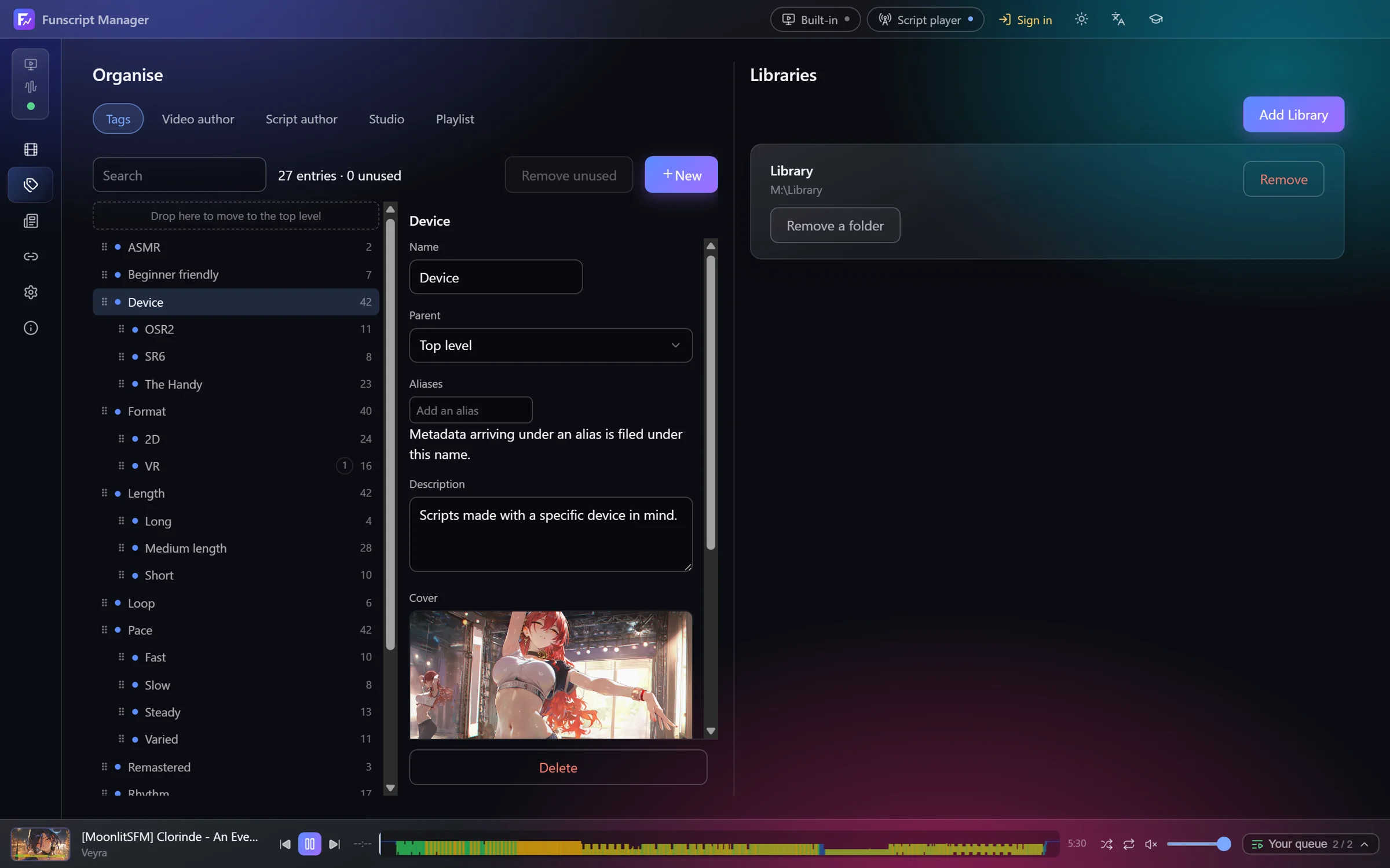 The Organise page with a tag selected