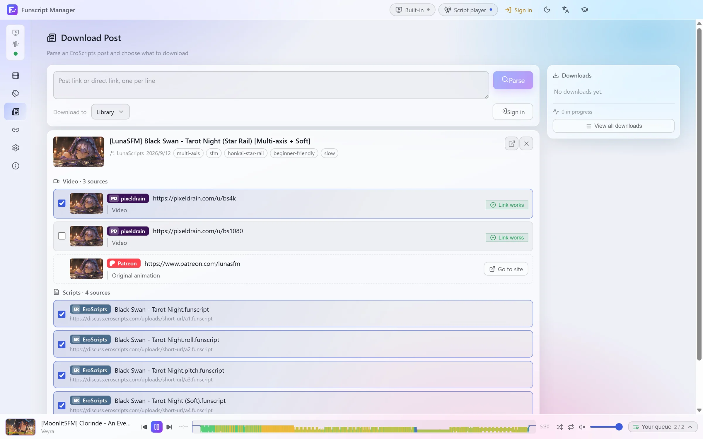 A parsed forum post with its video and script sources