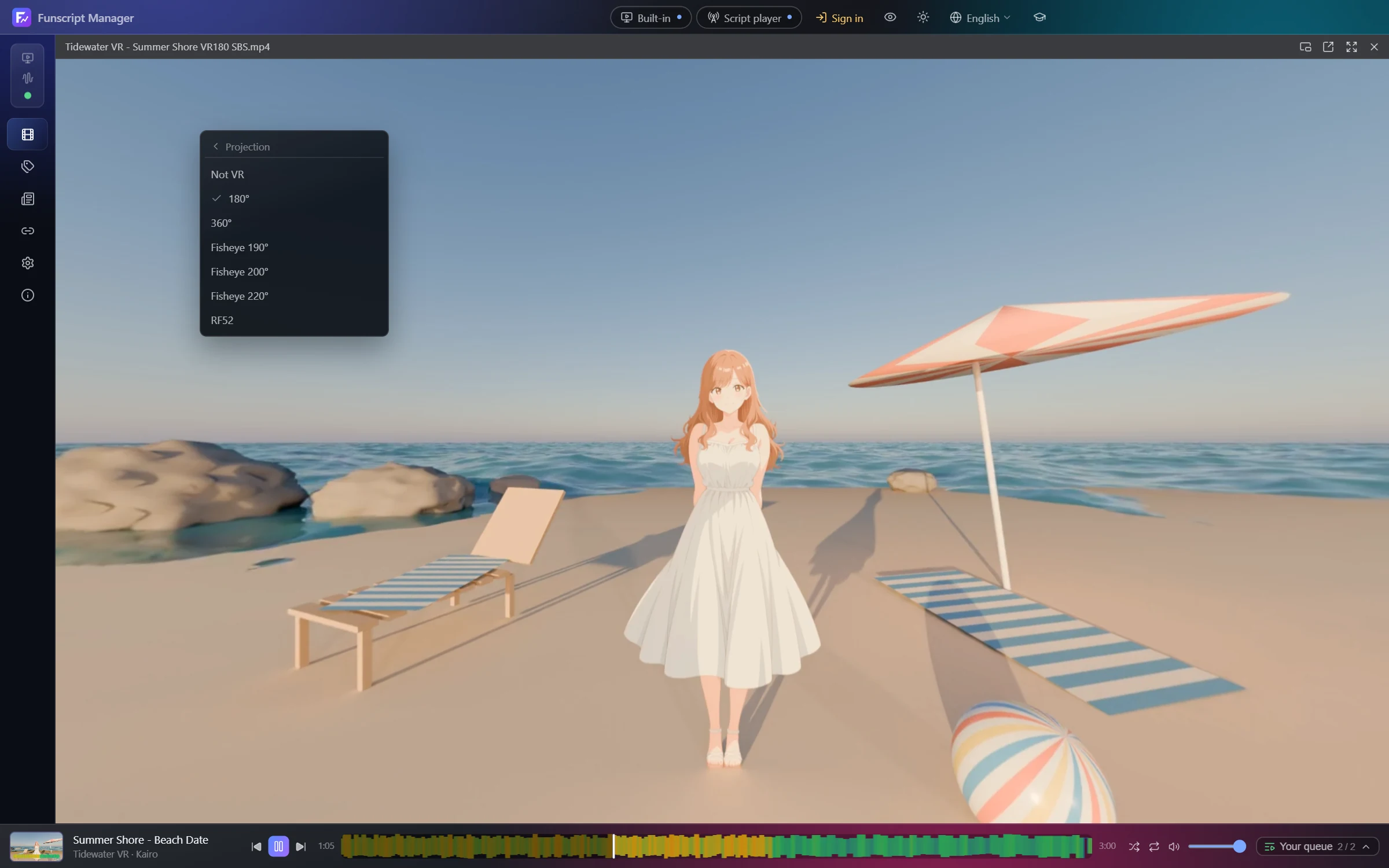 The picture's menu with VR video, Projection and the formats to choose from