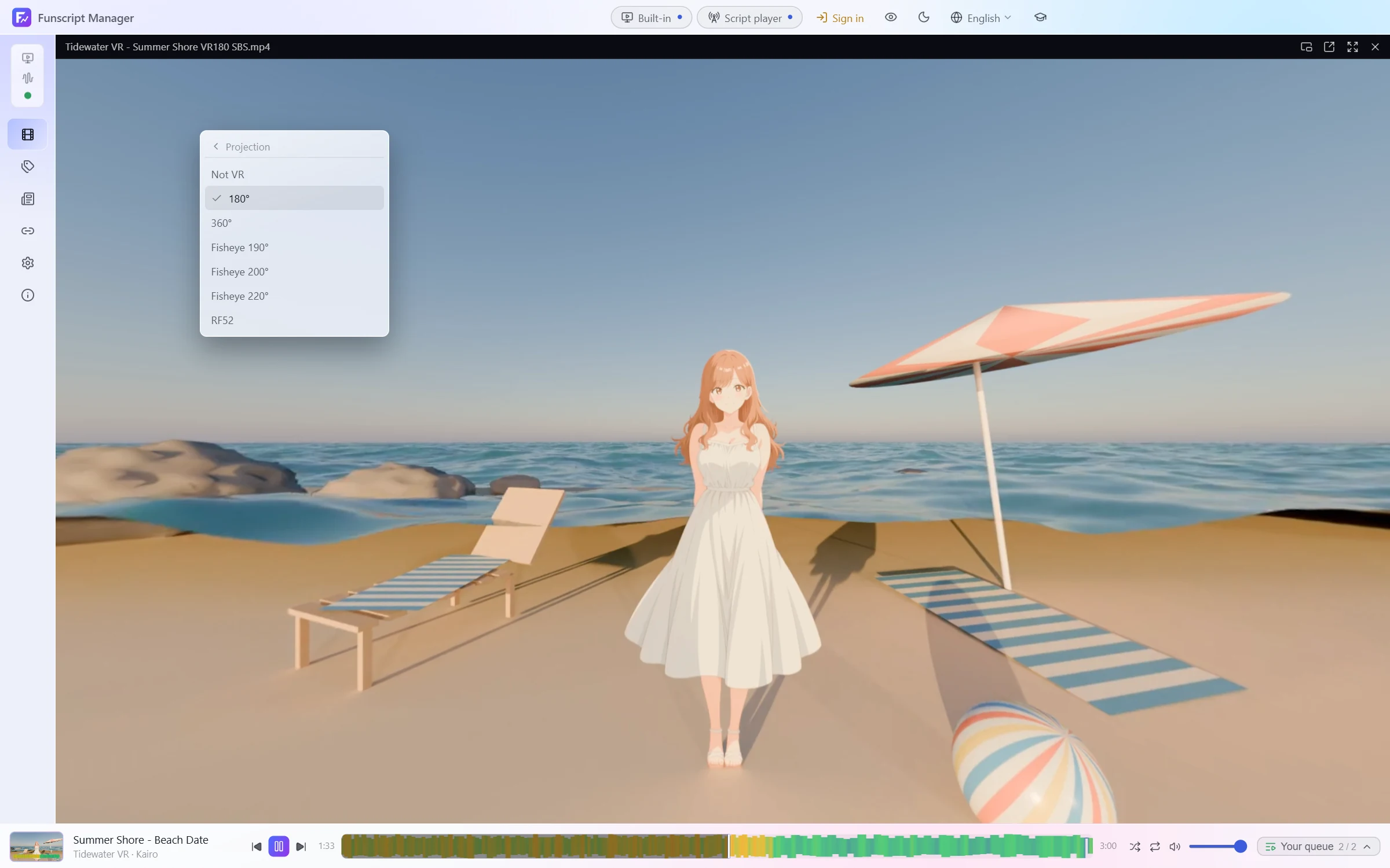 The picture's menu with VR video, Projection and the formats to choose from