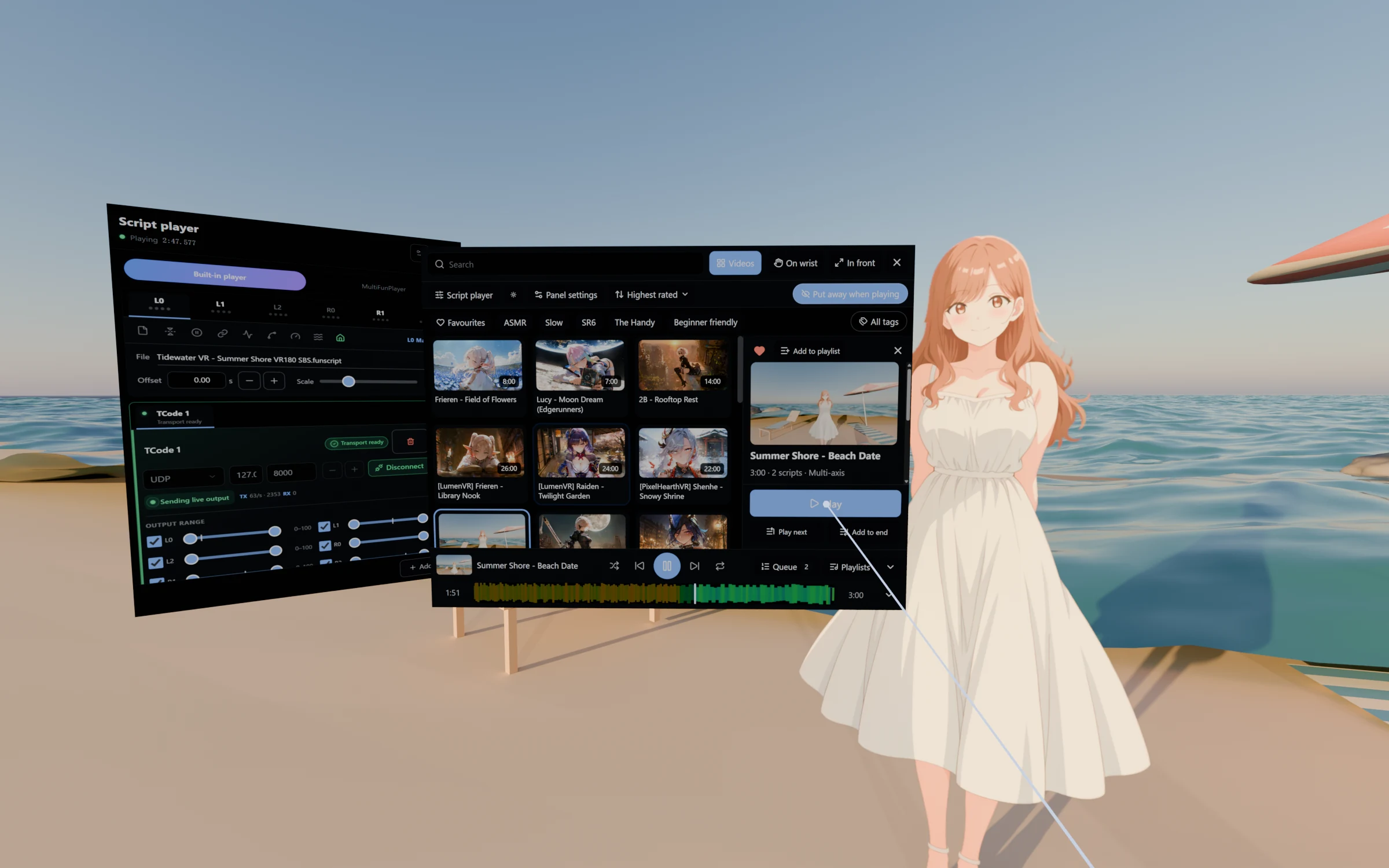 The VR panel and the script player floating in front of a VR video