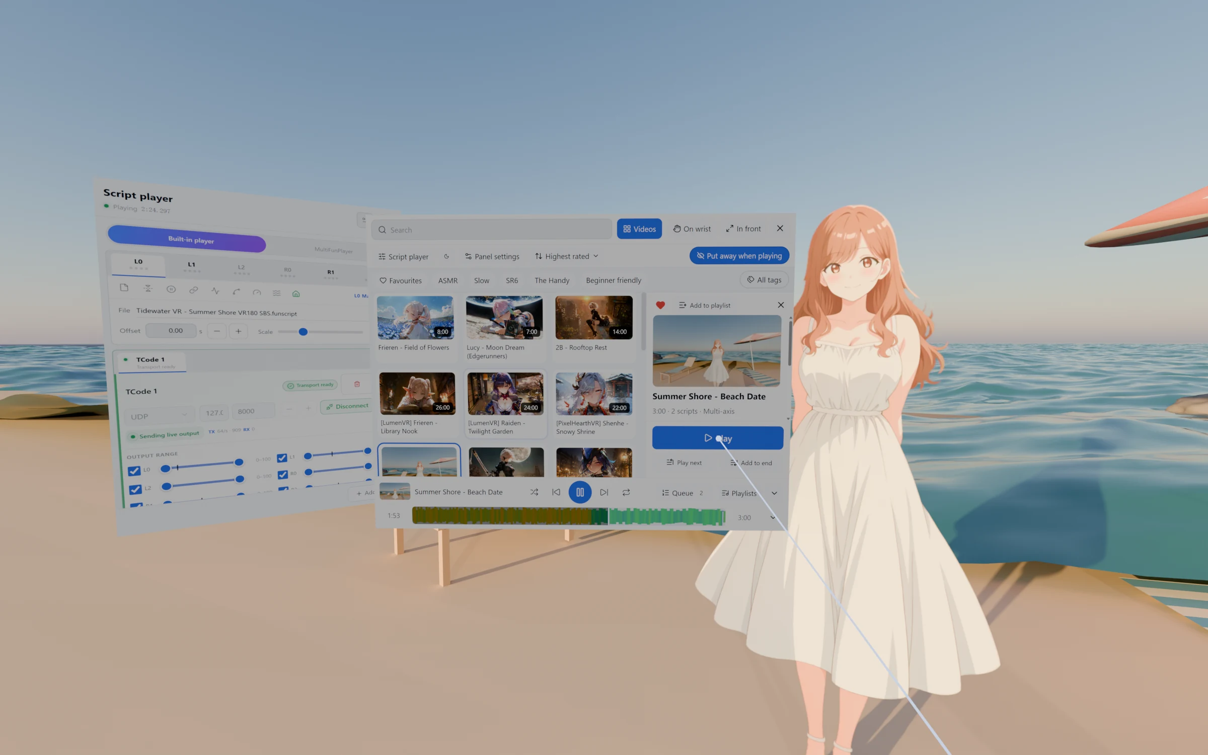 The VR panel and the script player floating in front of a VR video
